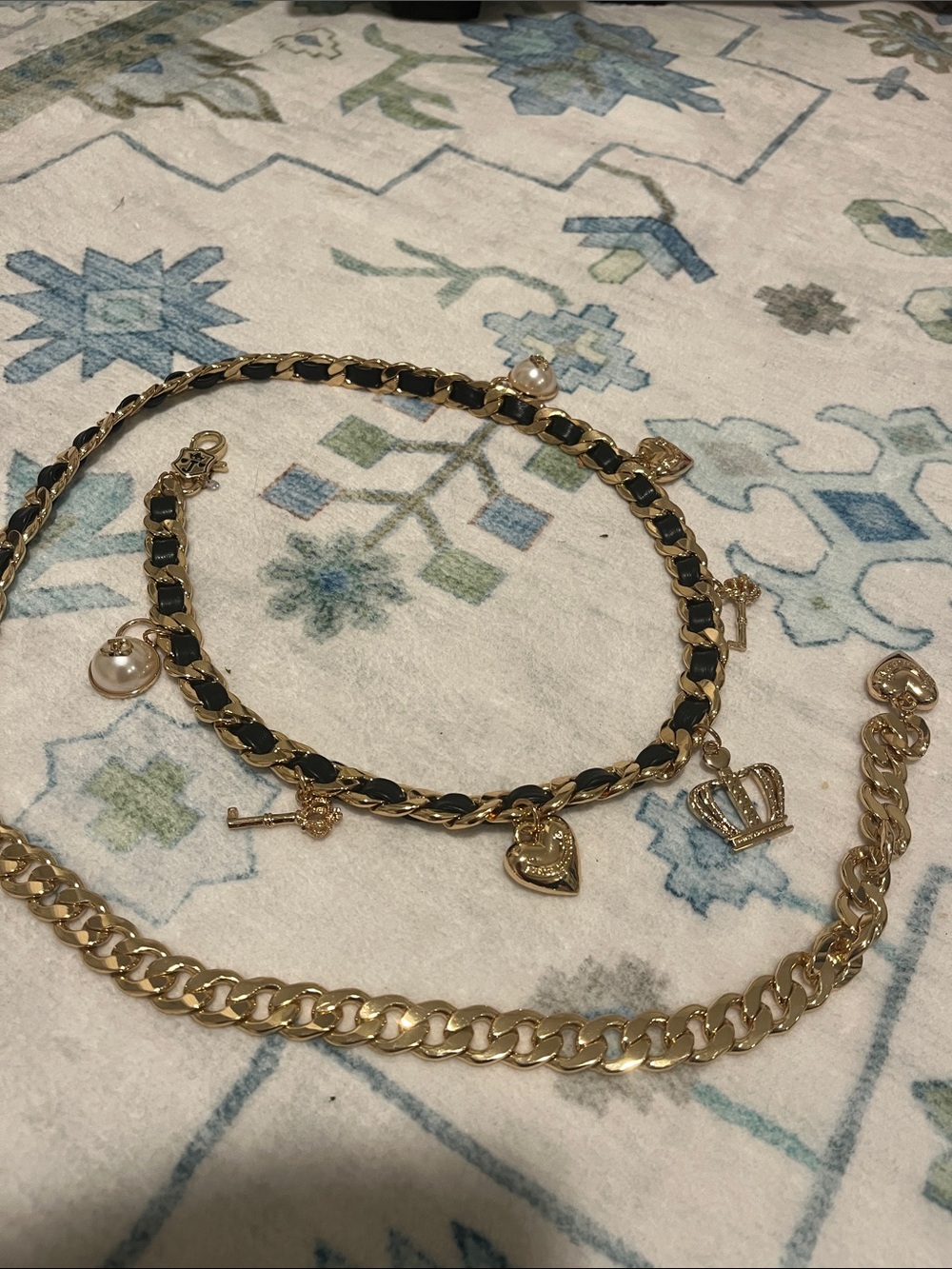 Juicy Couture Gold Tone Charm Chain Belt with Black Weave and Pearl Accents